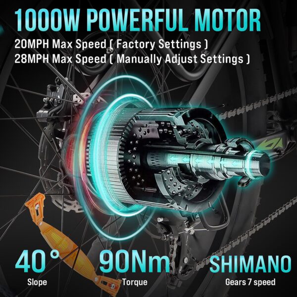 Electric Bike for Adults 1000W. 48V 17.5AH Battery Adult Electric Bicycles. 26 Fat Tire Full Suspension Ebike. 28MPH Mountain Beach E Bike. 7 Speed. 60Miles Range. UL Certified - Image 9