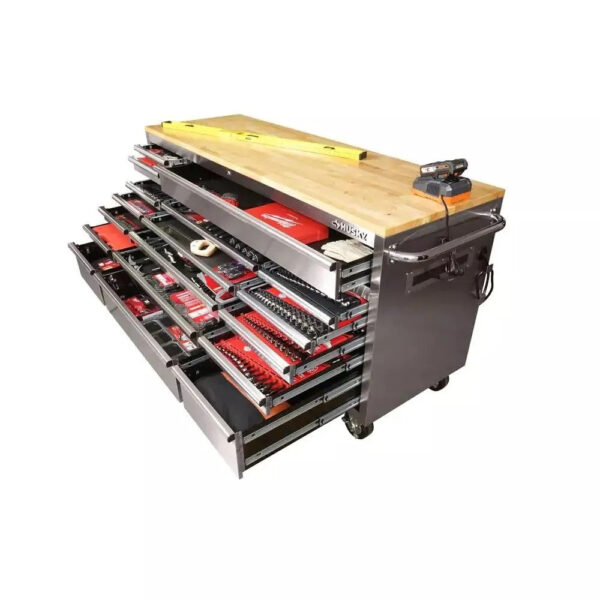 72 in. 18-Drawer 24 in. D Mobile Workbench with Solid Wood Top Stainless Steel - Image 6