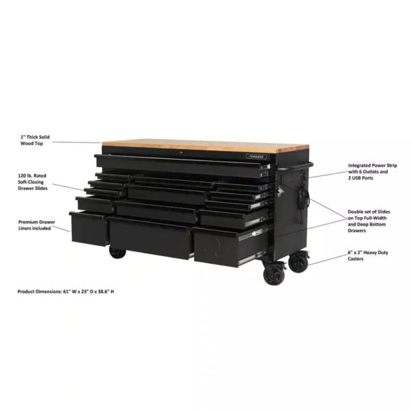 Heavy Duty 61 in. W x 23 in. D 15-Drawer Mobile Workbench with Solid Wood Top - Image 3