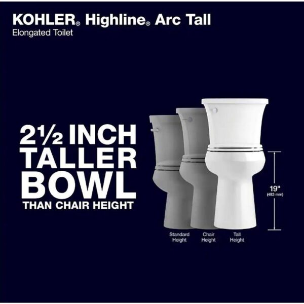 KOHLER Highline Arc Extra Tall Elongated Toilet 1.28 GPF White with Seat - Image 3