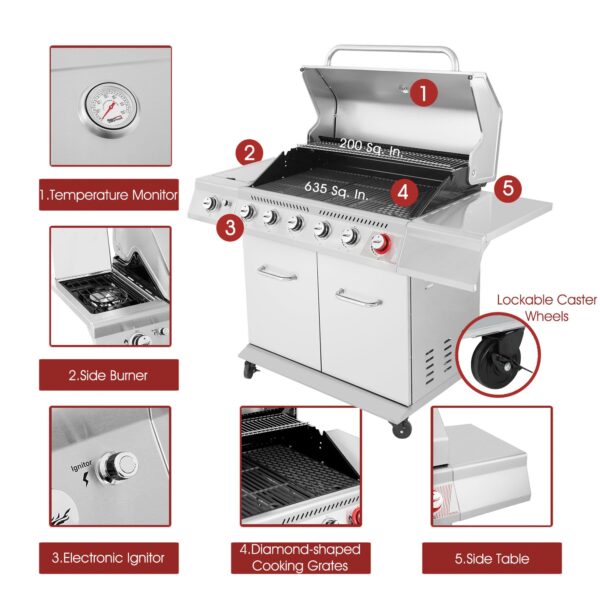 Royal Gourmet GA6402S Stainless Steel Gas Grill. Premier 6-Burner Propane Grill with Sear Burner and Side Burner. 74.000 BTU. Cabinet Style. Outdoor BBQ Party Grill. Silver - Image 8