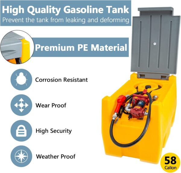 TECSPACE 58 Gallon Gasoline Tank. Portable Fuel Tank with 12V Electric Fuel Transfer Pump. 40 GPM Gasoline Fuel Tank with 4 Meters Hose for Gasoline Transportation (Yellow. 58 gal) - Image 2