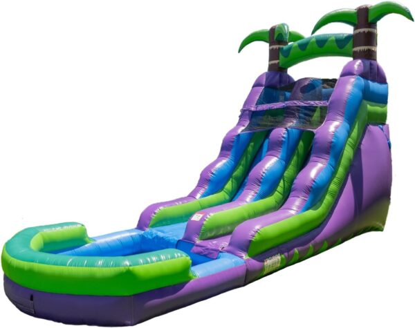 HeroKiddo 16' Purple Tropical Lightweight Premium Commercial Grade Water Slide Inflatable with Attached Pool for Kids and Adults (with Blower). Wet Dry Use. Summer Fun