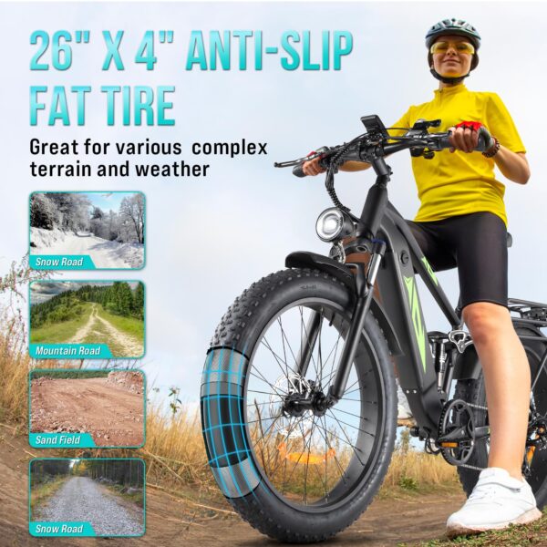 Electric Bike for Adults 1000W. 48V 17.5AH Battery Adult Electric Bicycles. 26 Fat Tire Full Suspension Ebike. 28MPH Mountain Beach E Bike. 7 Speed. 60Miles Range. UL Certified - Image 14
