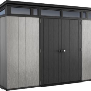 Keter Artisan 11x7 Modern Resin Outdoor Storage Shed Kit-Perfect to Store Patio Furniture. Garden Tools Bike Accessories. Beach Chairs and Lawn Mower. Grey & Black