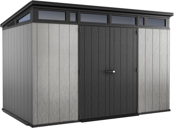Keter Artisan 11x7 Modern Resin Outdoor Storage Shed Kit-Perfect to Store Patio Furniture. Garden Tools Bike Accessories. Beach Chairs and Lawn Mower. Grey & Black
