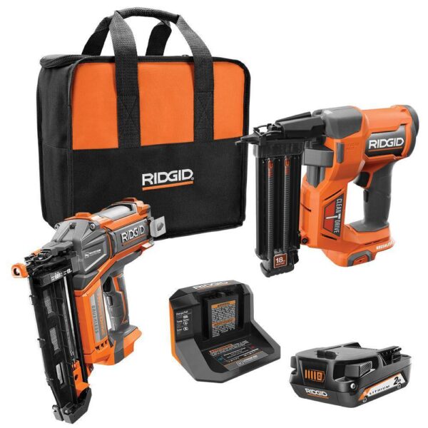 RIDGID 18V Brushless Cordless Nailer Combo Kit with Brad & Finish Nailers. Battery & Charger