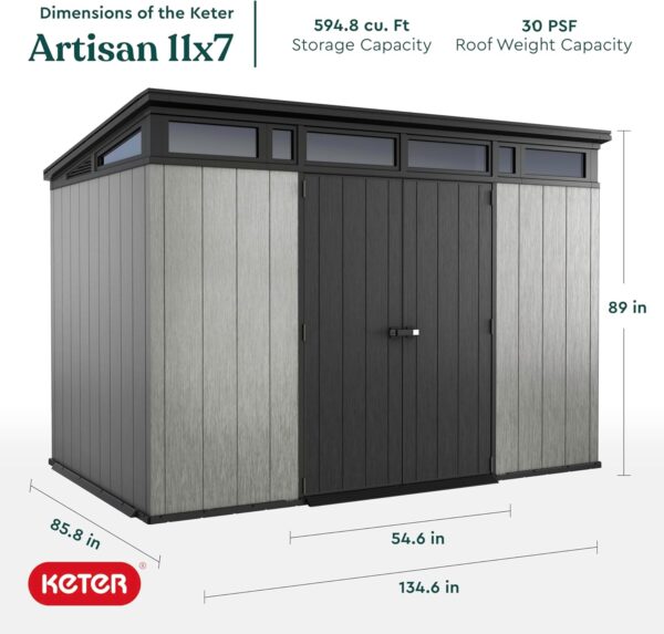 Keter Artisan 11x7 Modern Resin Outdoor Storage Shed Kit-Perfect to Store Patio Furniture. Garden Tools Bike Accessories. Beach Chairs and Lawn Mower. Grey & Black - Image 3
