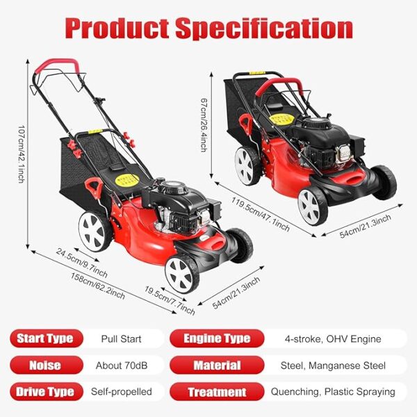 Self Propelled Gas Lawn Mower. 20-Inch 140cc OHV Engine 3-in-1 Gas Mower.Adjustable Cutting Height for Sports Fields. Community Greening. Municipal Greening - Image 2