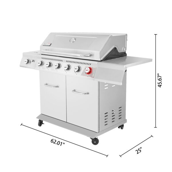 Royal Gourmet GA6402S Stainless Steel Gas Grill. Premier 6-Burner Propane Grill with Sear Burner and Side Burner. 74.000 BTU. Cabinet Style. Outdoor BBQ Party Grill. Silver - Image 6