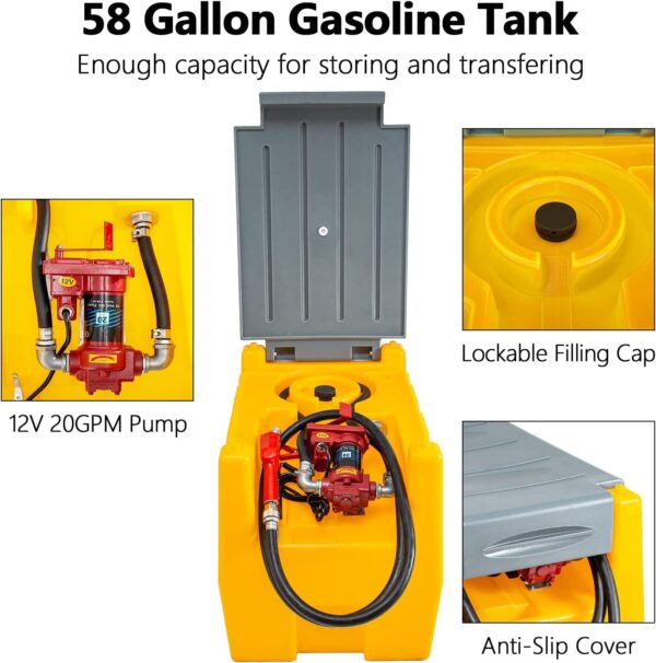 TECSPACE 58 Gallon Gasoline Tank. Portable Fuel Tank with 12V Electric Fuel Transfer Pump. 40 GPM Gasoline Fuel Tank with 4 Meters Hose for Gasoline Transportation (Yellow. 58 gal) - Image 4