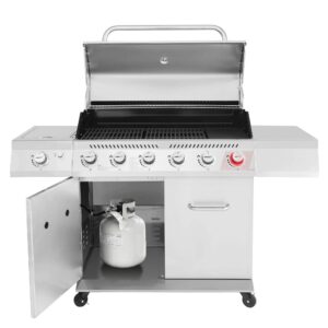 Royal Gourmet GA6402S Stainless Steel Gas Grill. Premier 6-Burner Propane Grill with Sear Burner and Side Burner. 74.000 BTU. Cabinet Style. Outdoor BBQ Party Grill. Silver