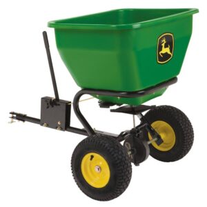 John Deere 175 lb Tow-Behind Broadcast Spreader. Rustproof Poly Hopper. Universal Fit