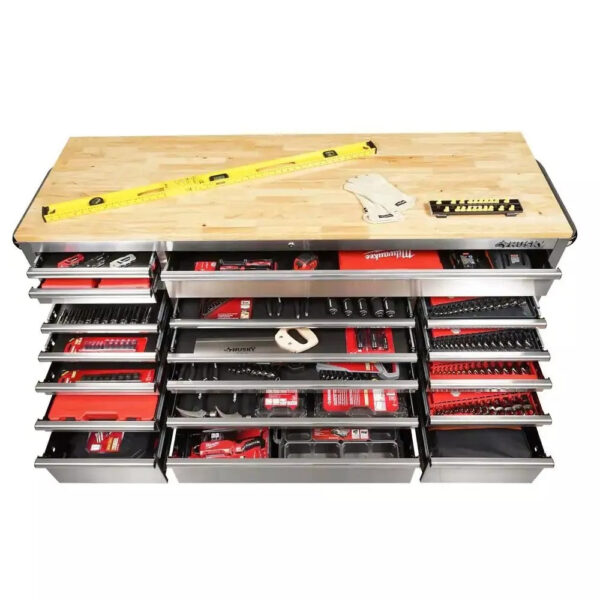 72 in. 18-Drawer 24 in. D Mobile Workbench with Solid Wood Top Stainless Steel - Image 5