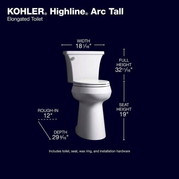 KOHLER Highline Arc Extra Tall Elongated Toilet 1.28 GPF White with Seat - Image 4